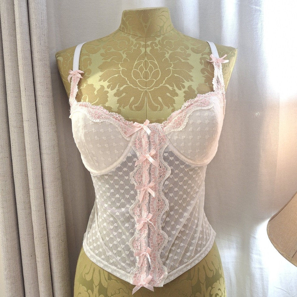 Y2K Vintage Jolie Intimates White Sheer Hearts Pink Lace Babydoll Corset Top 36B